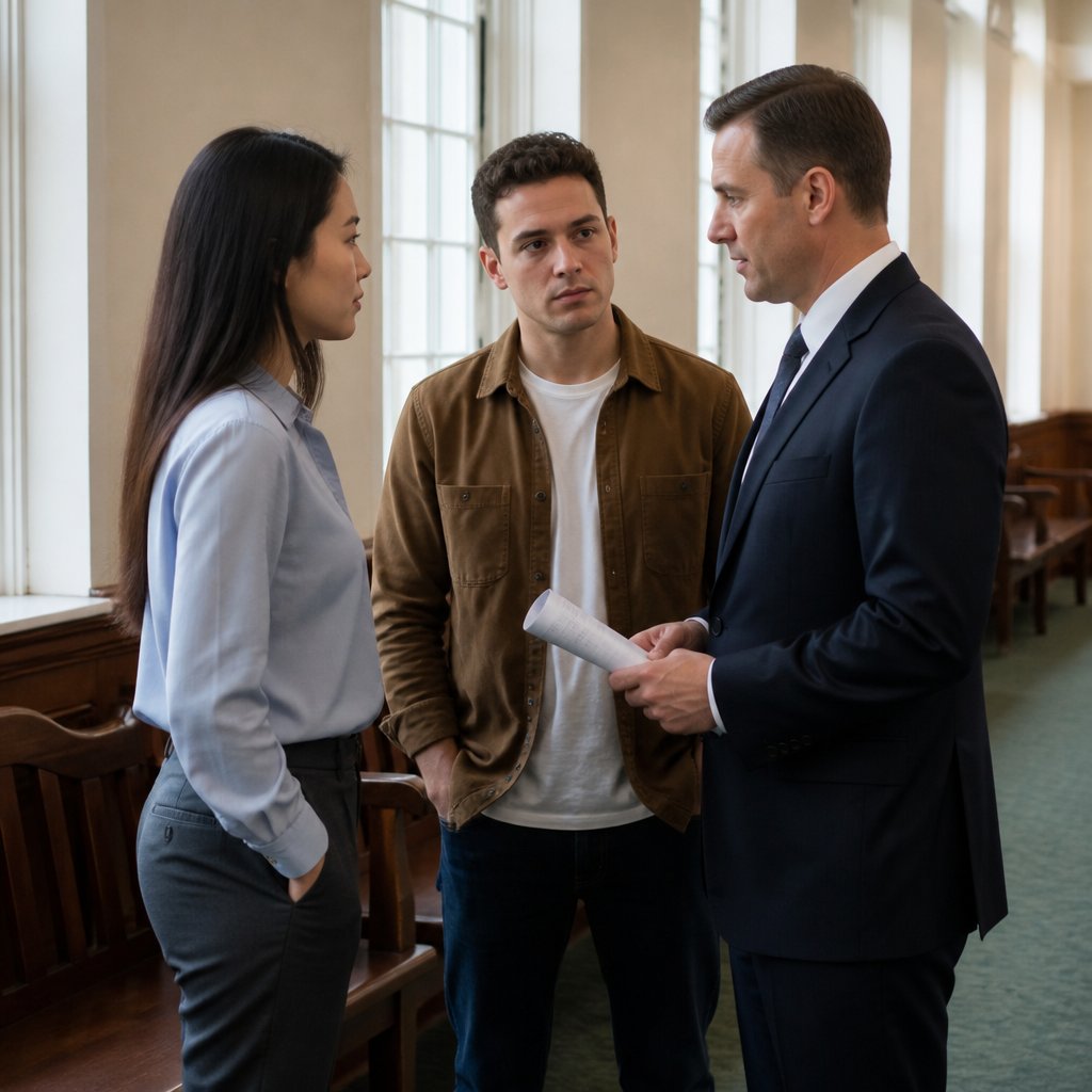 Three individuals in a courthouse hallway exchanging papers and intense looks before a trial.