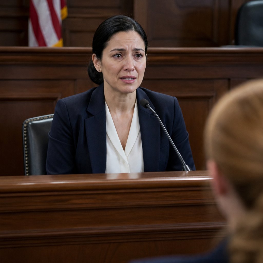 A risk manager on the witness stand in court, looking tense and defensive.