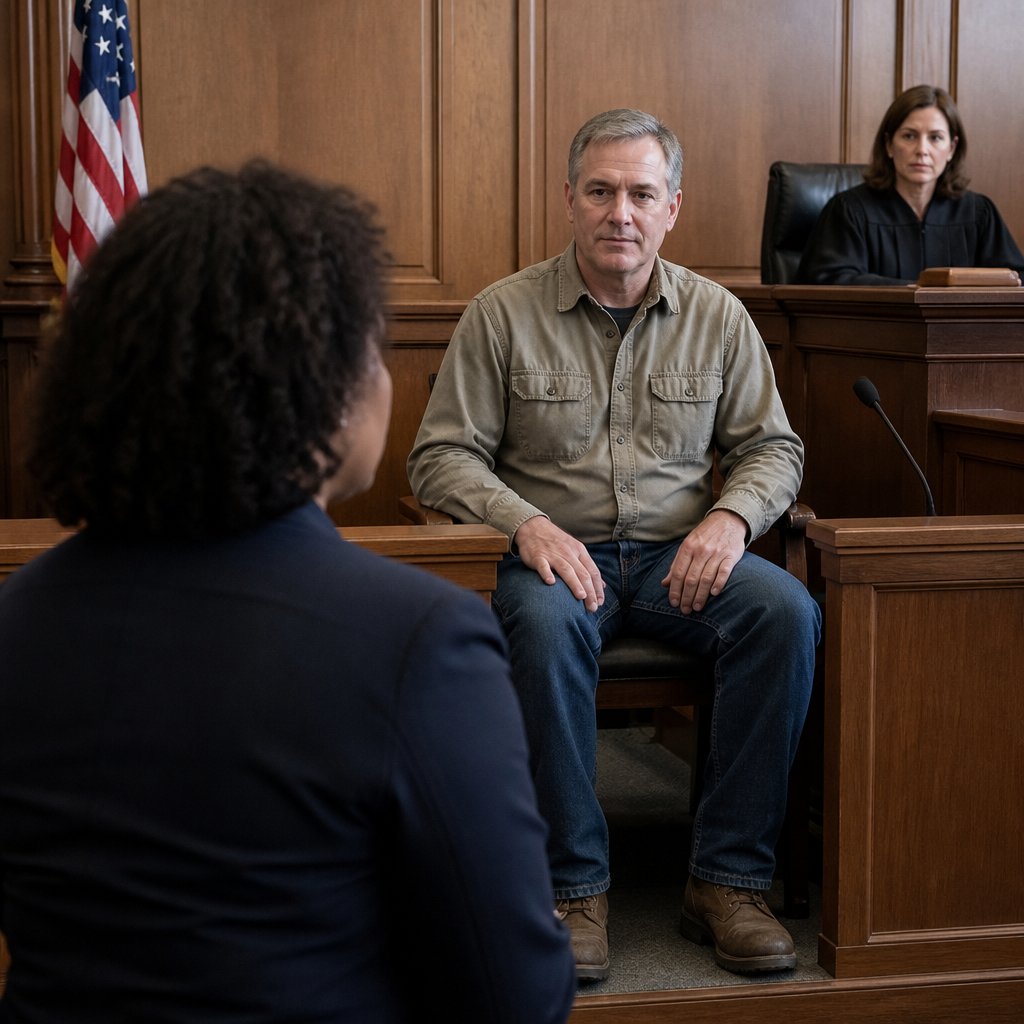 Maintenance supervisor testifying calmly in the witness box in American courtroom