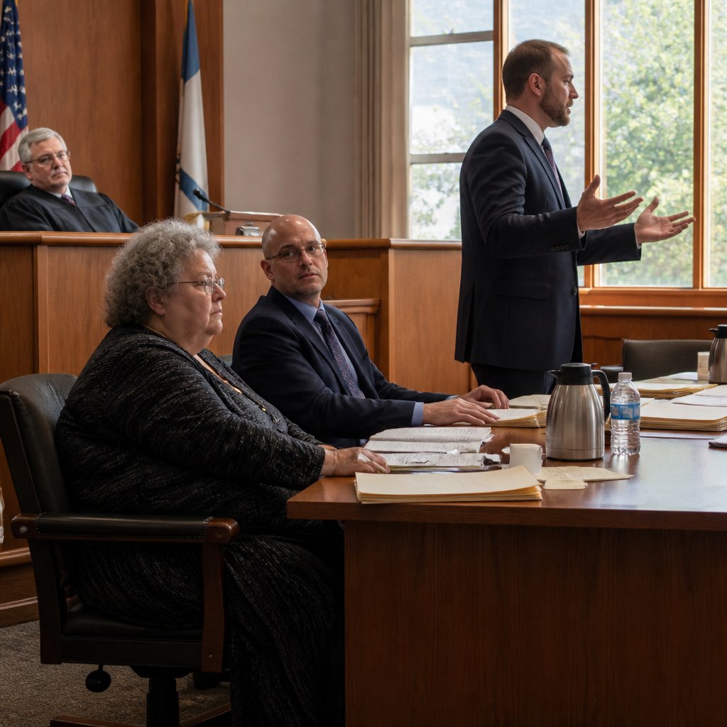 Woman listens tensely during closing arguments in court, surrounded by lawyers and a medical expert.