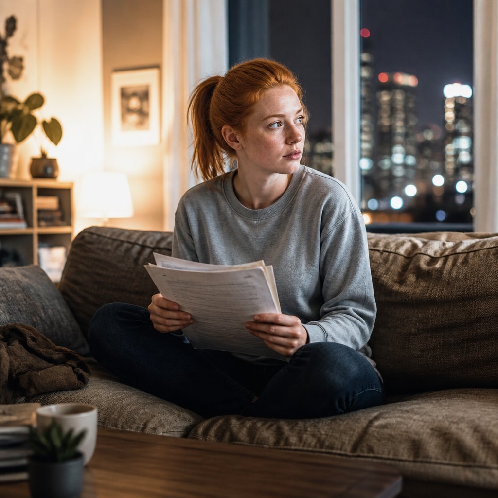 Woman sitting on sofa pondering settlement offers in apartment