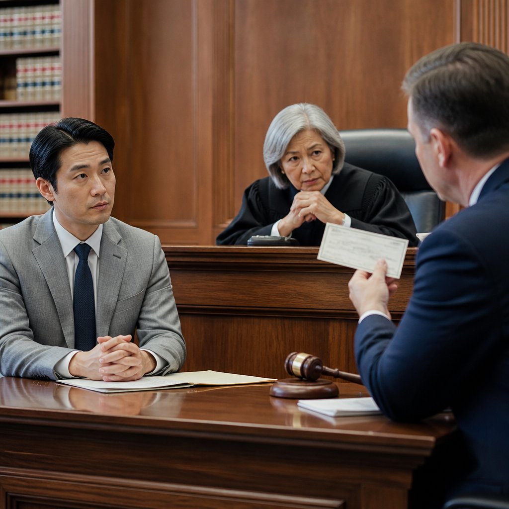 Courtroom scene with man, opposing party holding check, and judge in robes deliberating.