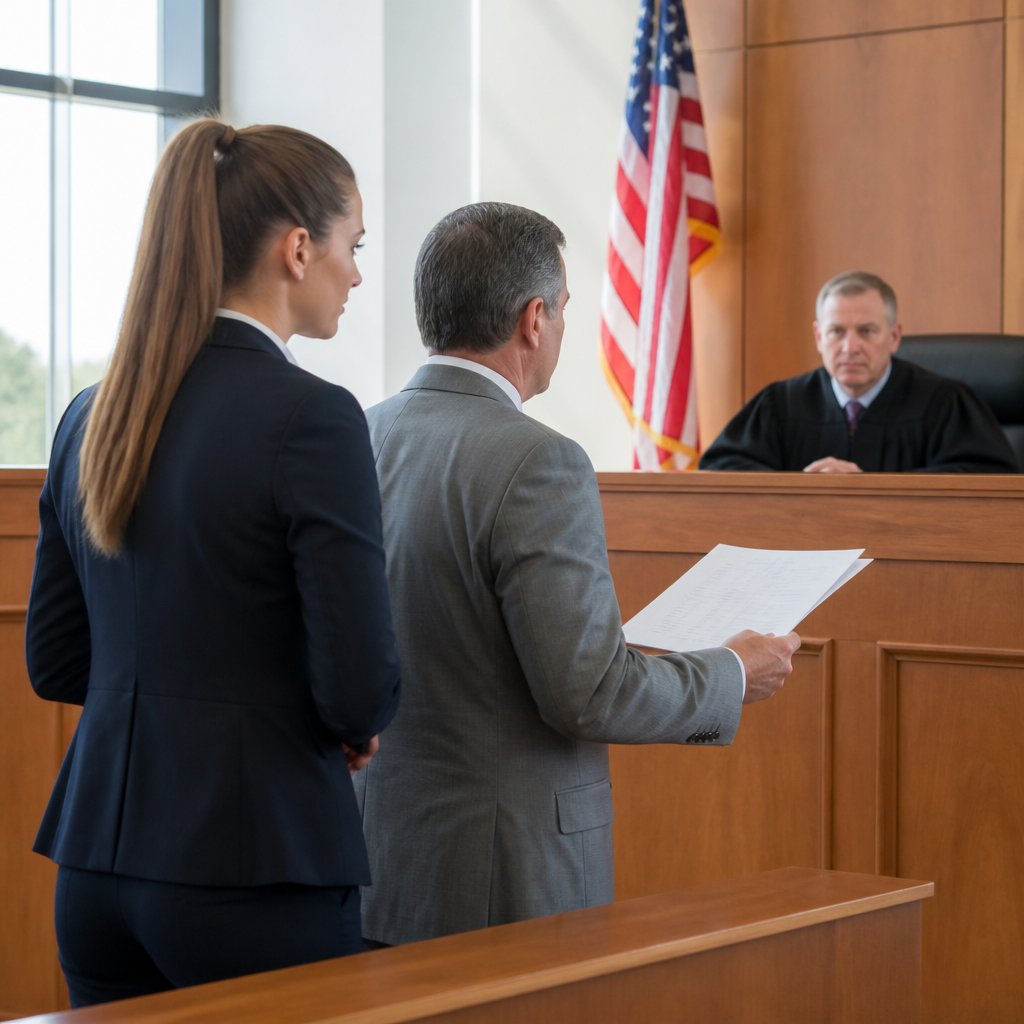 Woman and expert witness presenting evidence in courtroom