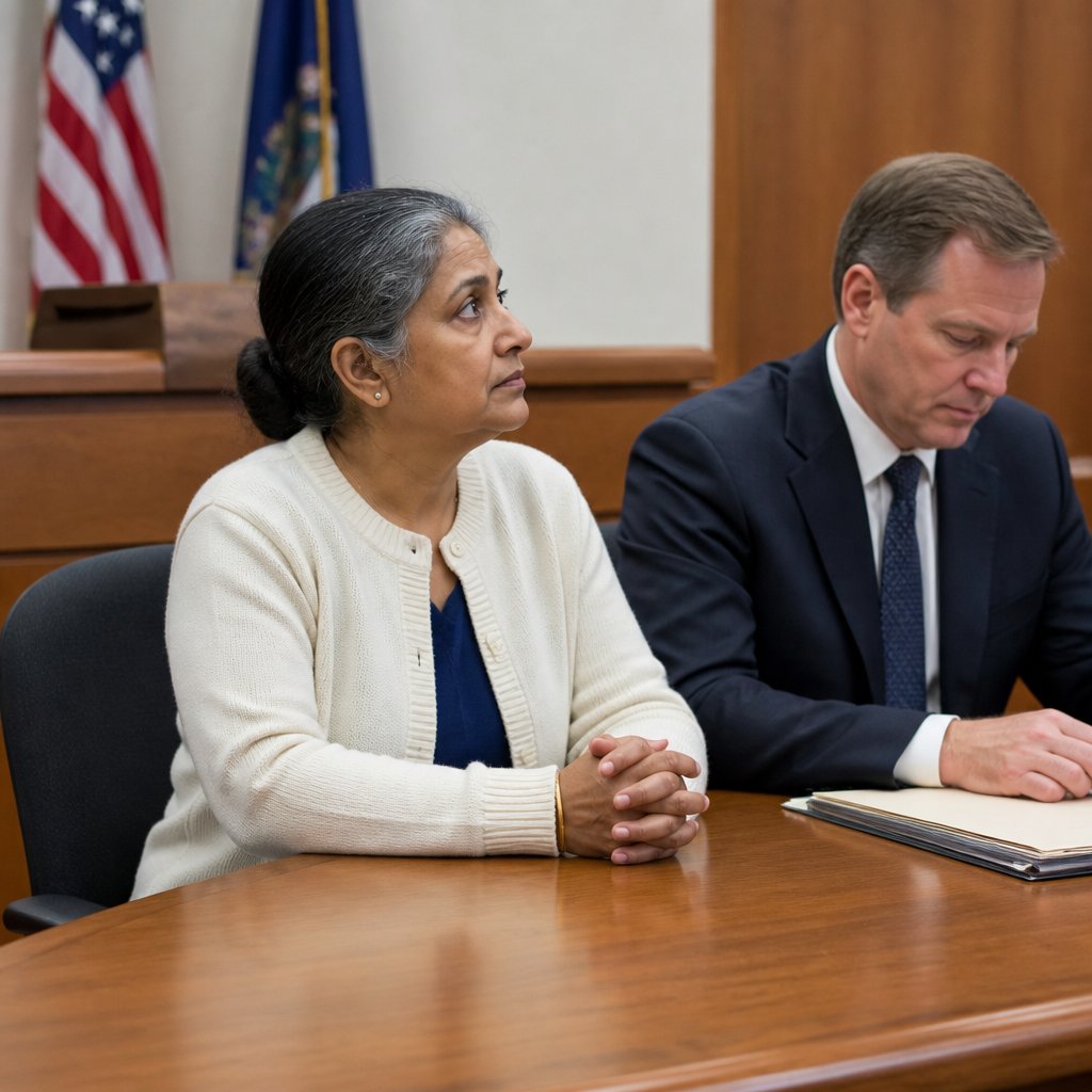Woman and man sitting at courtroom table facing judge, tension visible in expressions.