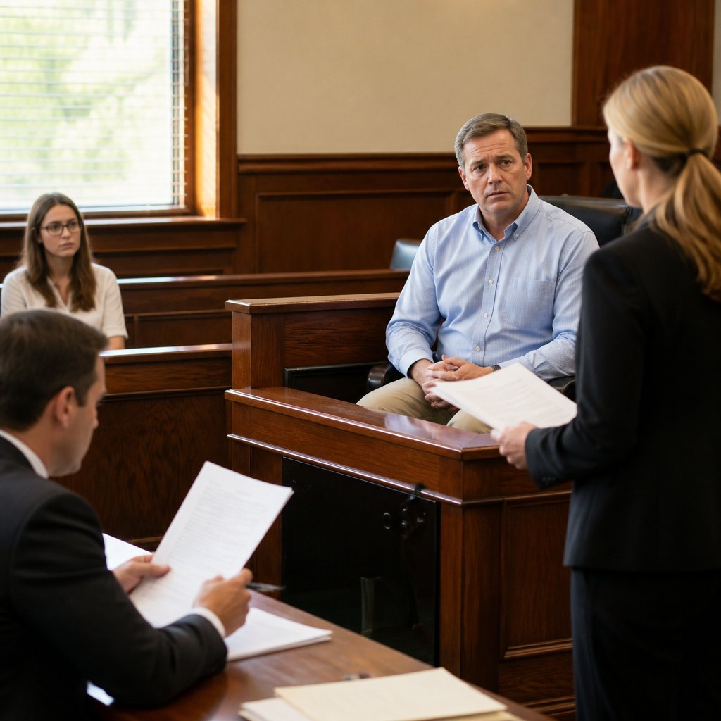 Boutique manager testifying nervously as lawyer presents contradictory documents.