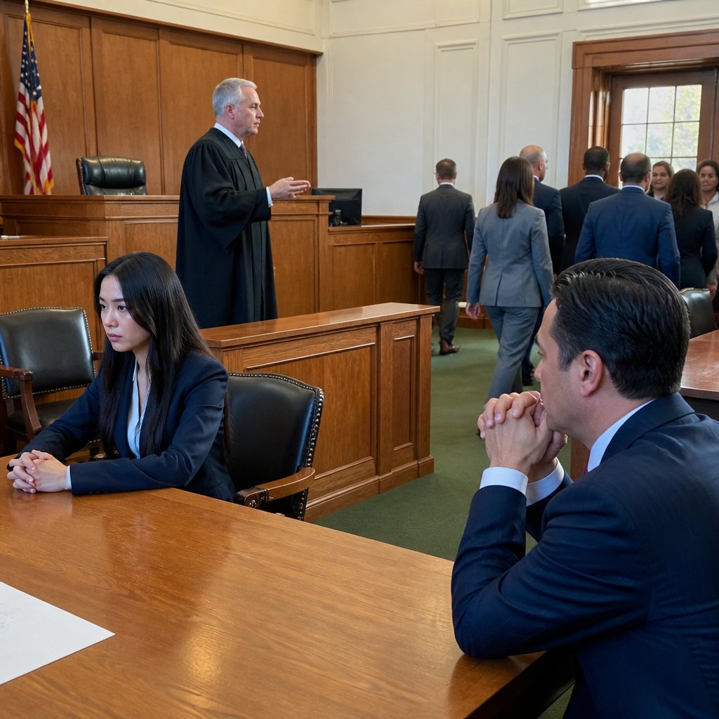 Woman and corporate owner in courtroom as judge sends jury to deliberate, tension visible.