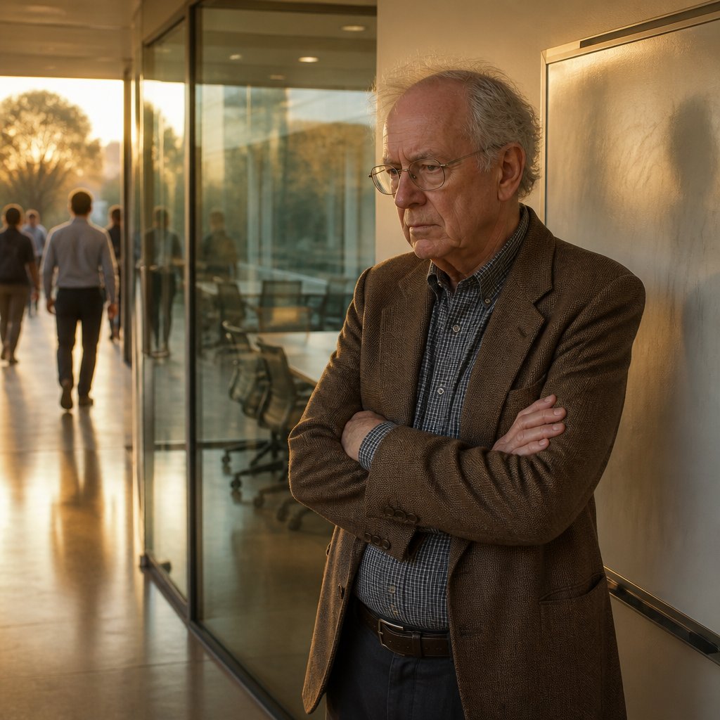Older man standing frustrated outside a glass conference room after Slack channels disappeared.