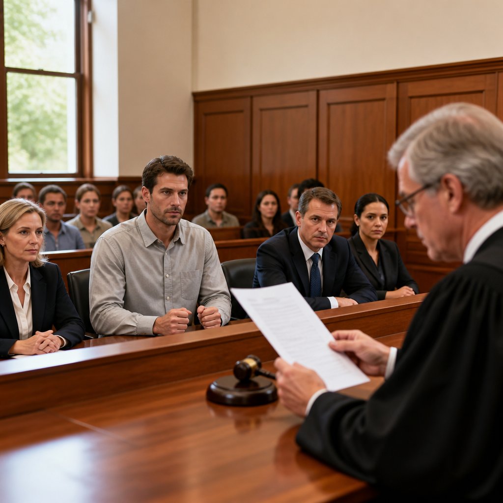 Judge reading jury question about disposal while Derek listens tensely.