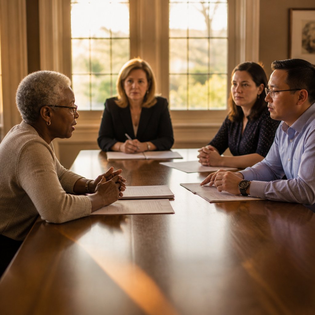 Black woman at mediation table facing company lawyers and mediator, tension visible.