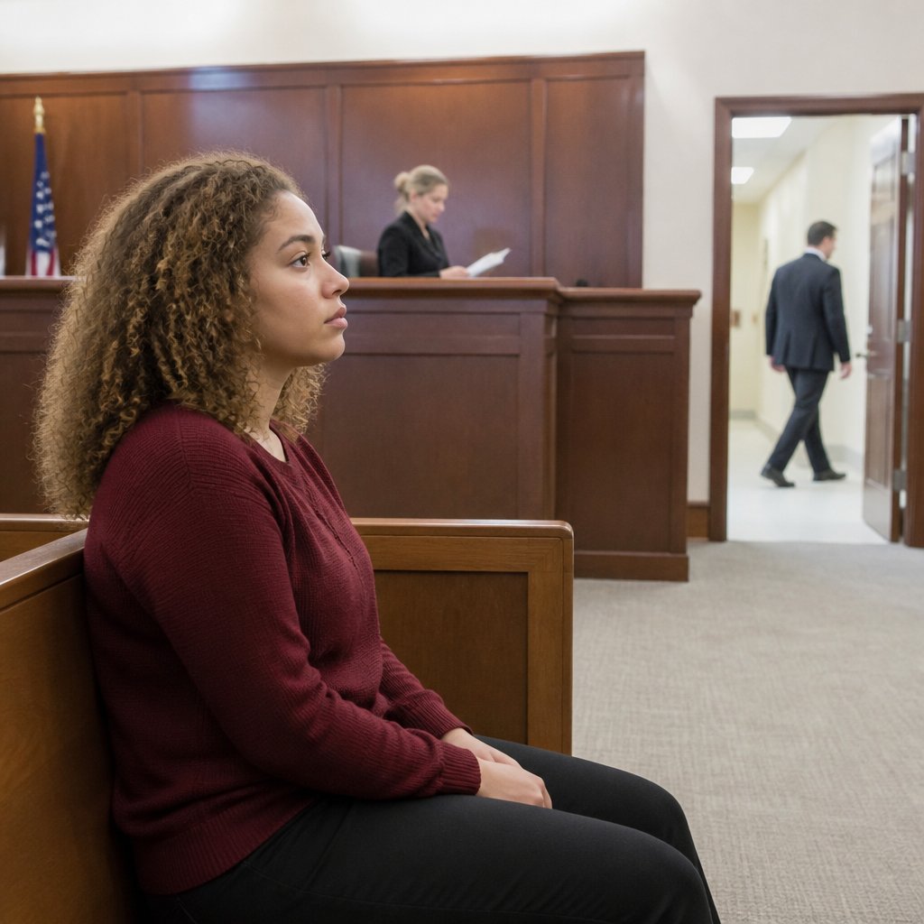 Young woman waiting in courtroom as trial developments unfold.