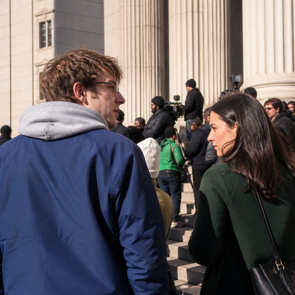 Plaintiff and friend stand outside courthouse after verdict, facing reporters and public.