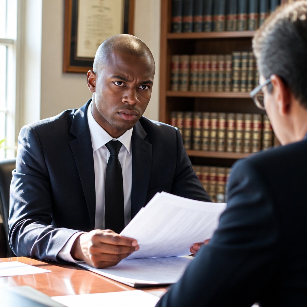 Young Black man reviewing printed audit logs in a lawyer’s office, determined expression.