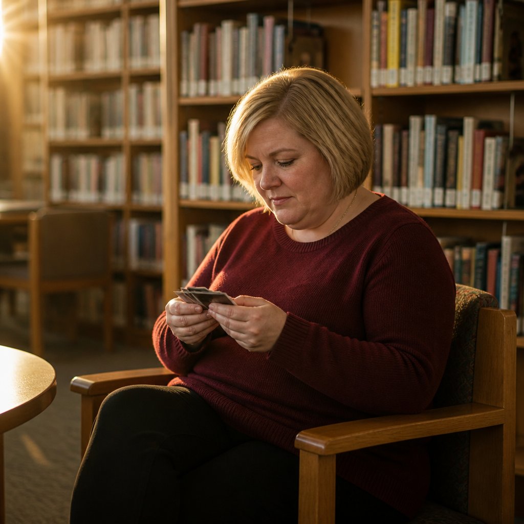 Woman reviewing photos of empty desks in a library corner.