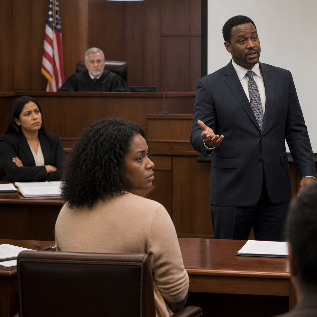 Defense expert witness testifying while plaintiff's lawyer watches skeptically