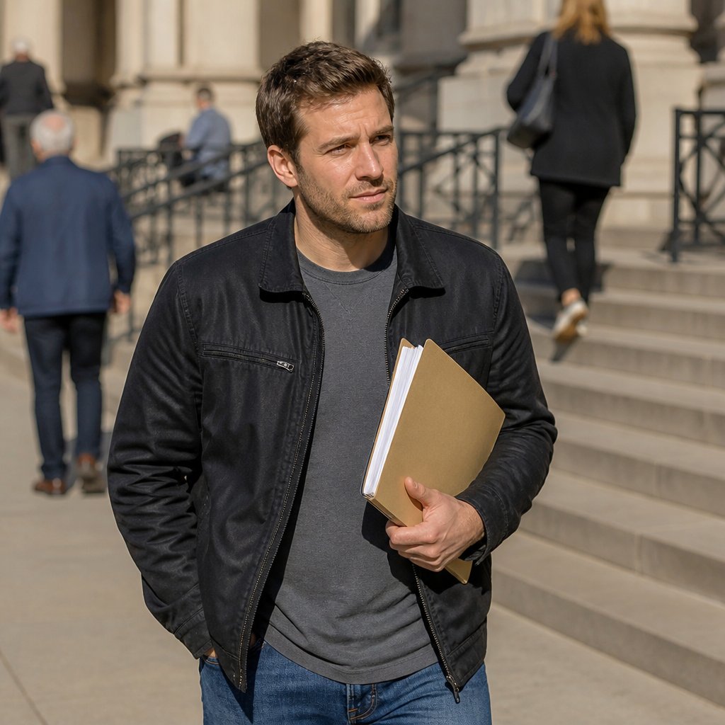 Derek standing outside courthouse after verdict, holding documents with a conflicted expression.