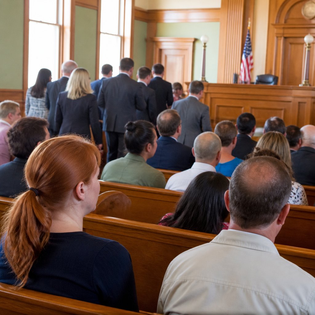 Jury filing out of a courtroom, audience and lawyers waiting anxiously.