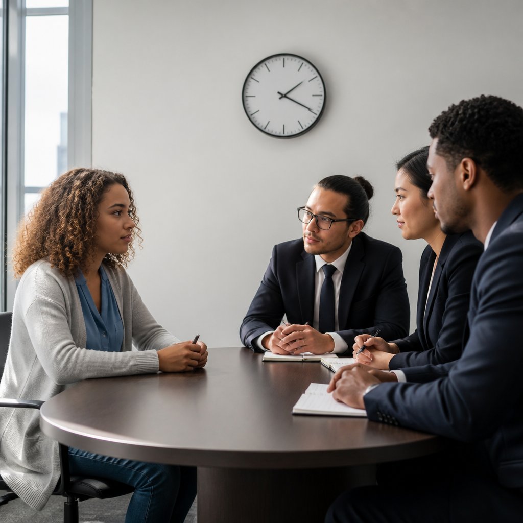 Young woman faces a tense settlement decision in a courthouse consultation room.