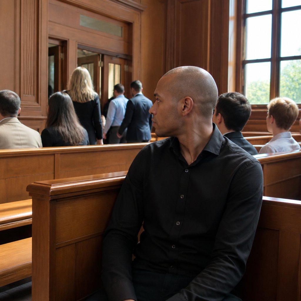 Young Black man in courtroom gallery watching jury exit deliberation room.