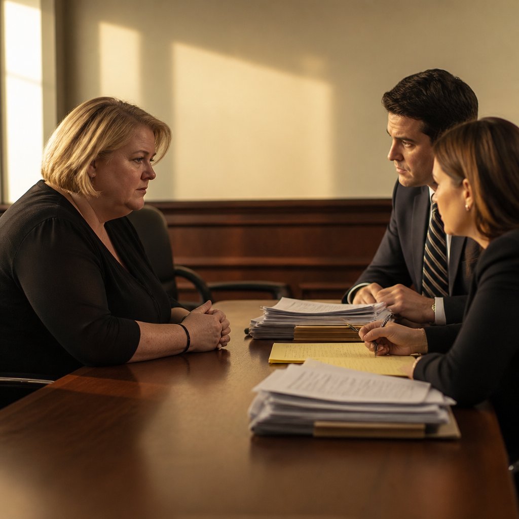 Woman facing lawyers at conference table during deposition.