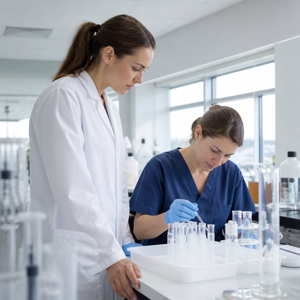 Woman in lab coat reviewing water testing with technician in laboratory