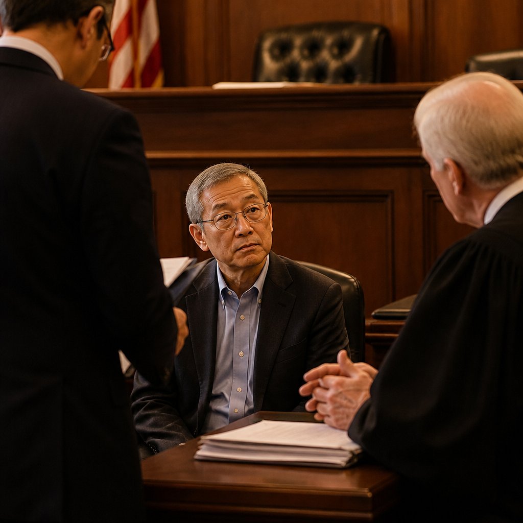 Courtroom scene with judge speaking as older East Asian man listens during hearing.