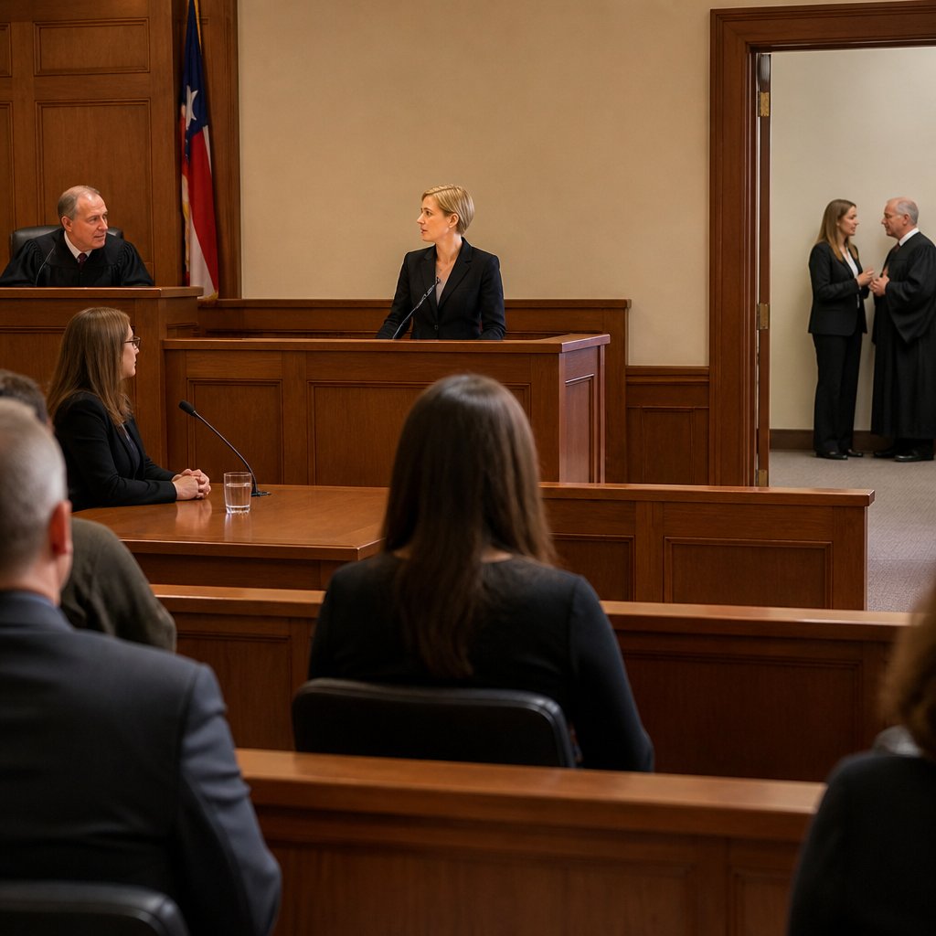 Whistleblower testifying confidently as courtroom prepares for closing arguments.