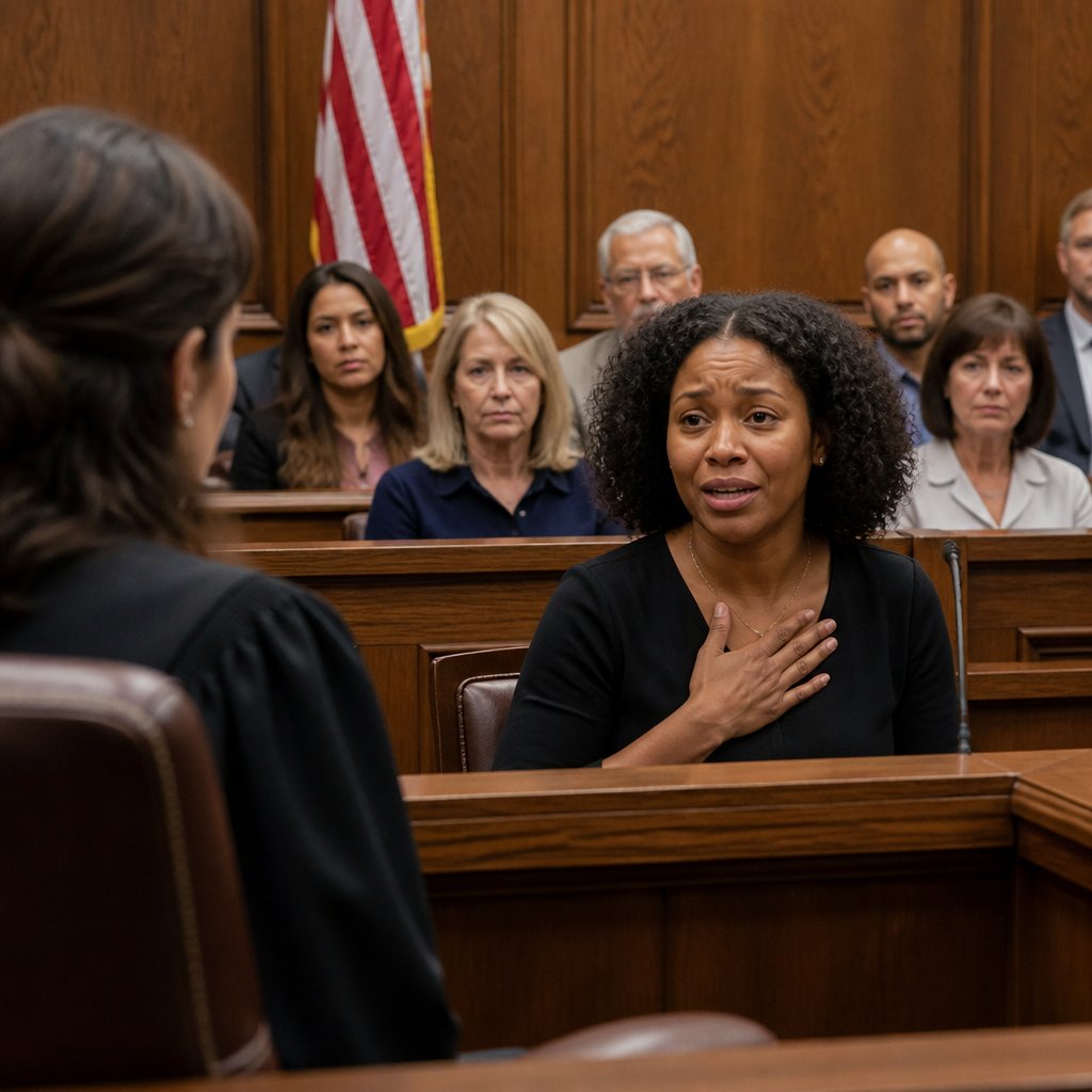 Woman testifying emotionally in the witness box as judge and jury listen