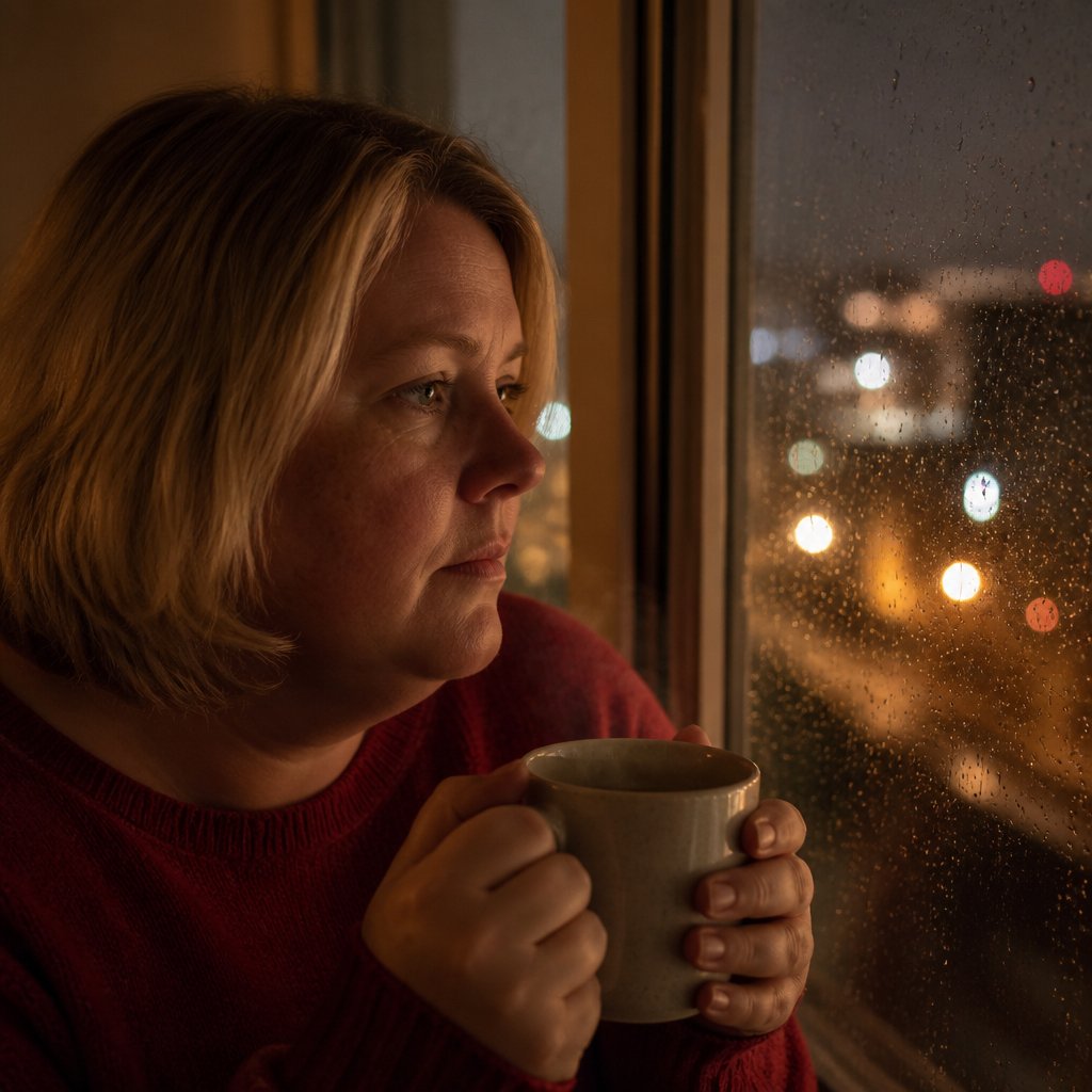 Woman staring pensively out rain-speckled window in apartment at night.