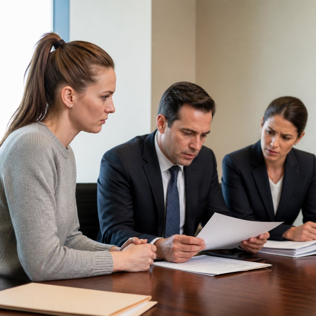 Woman and lawyers reviewing settlement documents in conference room