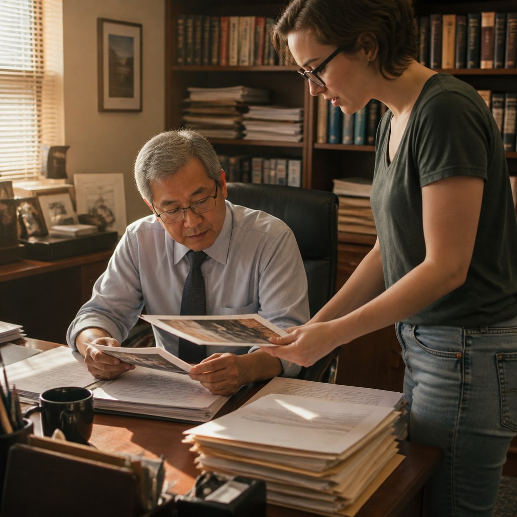 Whistleblower presents printed screenshots to older East Asian man in lawyer's office.