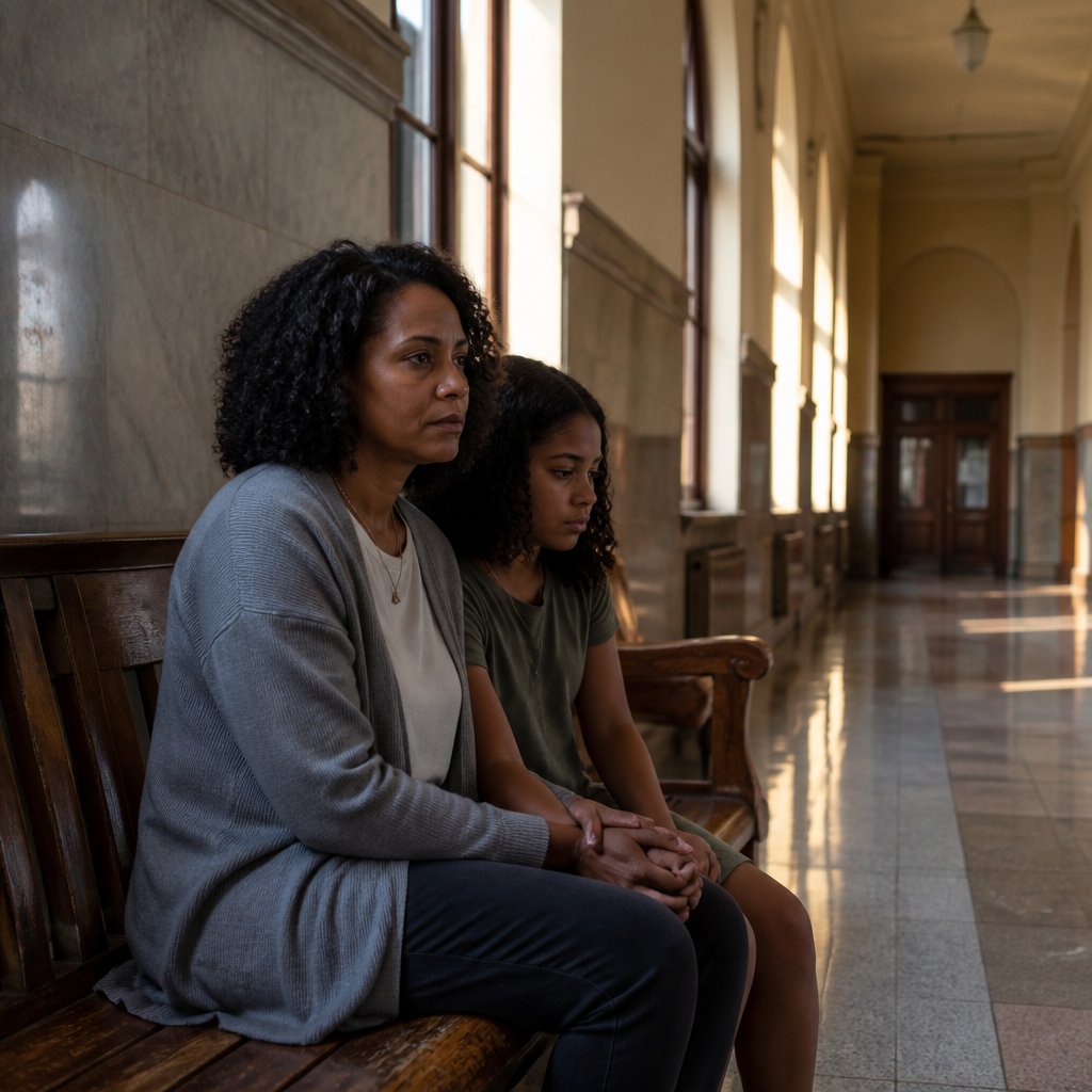 Mother and teenage daughter holding hands on courthouse bench while waiting for verdict
