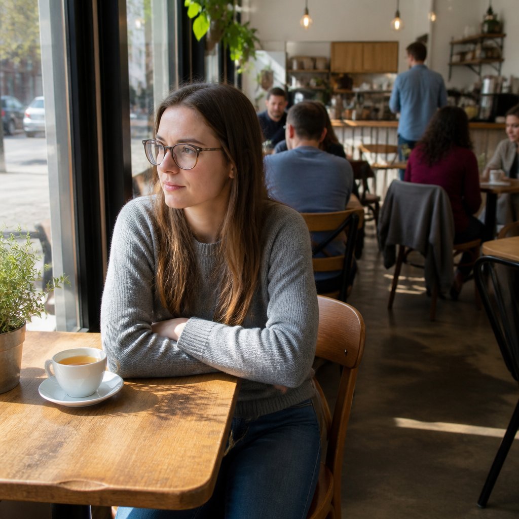 Woman contemplating the fallout after state inspections at a busy café.