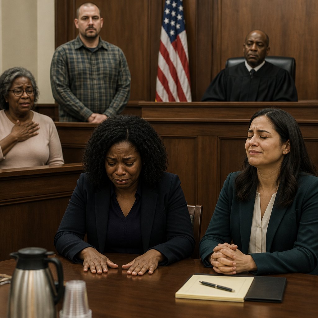Jury foreperson standing to deliver verdict as plaintiff sits overwhelmed at her table
