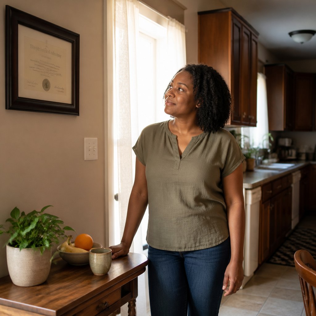 Woman looking at her framed diploma on the kitchen wall in warm morning light