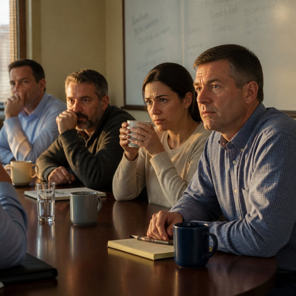 A group of office workers in casual clothes sitting around a conference table during a tense testimony session.