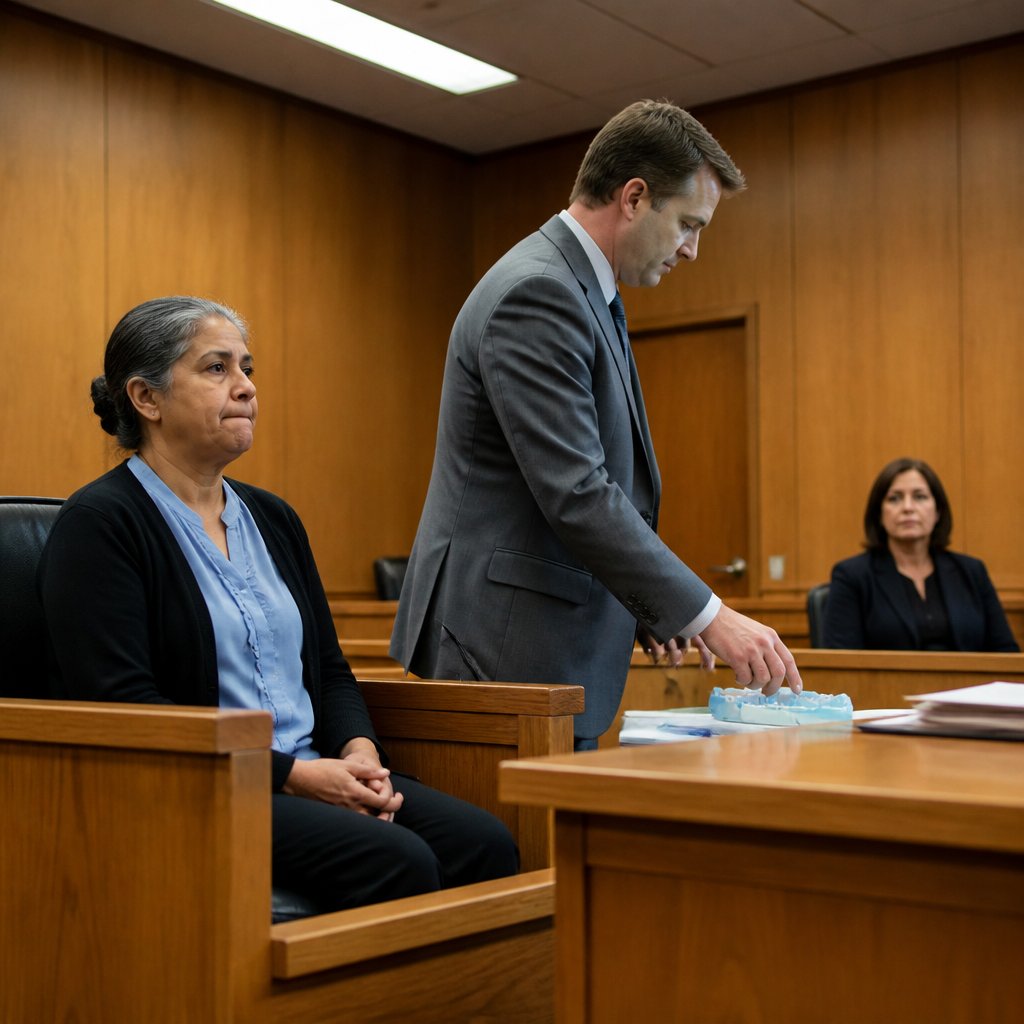 South Asian woman in courtroom witness chair with lawyer arranging trays and papers on table nearby.