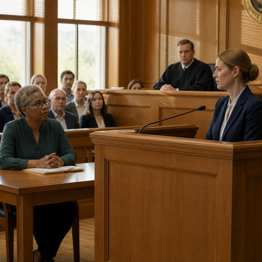 Courtroom scene showing plaintiff watching corporate rep testify, both focused and tense.