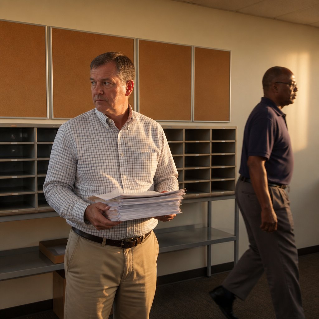 A man holding documents stands near empty bulletin boards in a quiet office mailroom, another worker passes by.