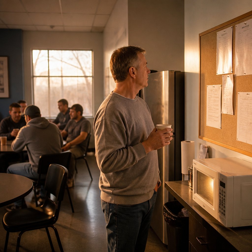 A man holding coffee looks at an official notice posted by the microwave in an office break room.